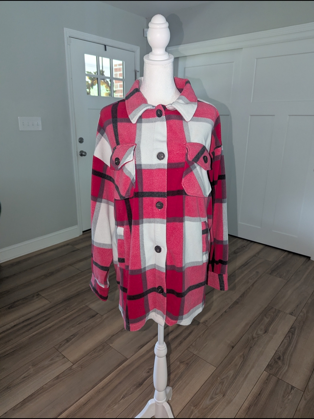 Zenana Outfitters Red, White & Gray Plaid Shirt